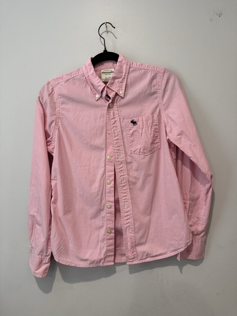 Y2K Abercrombie Long Sleeve Button Up Shirt Boys Large Gingham Pink/White Preppy